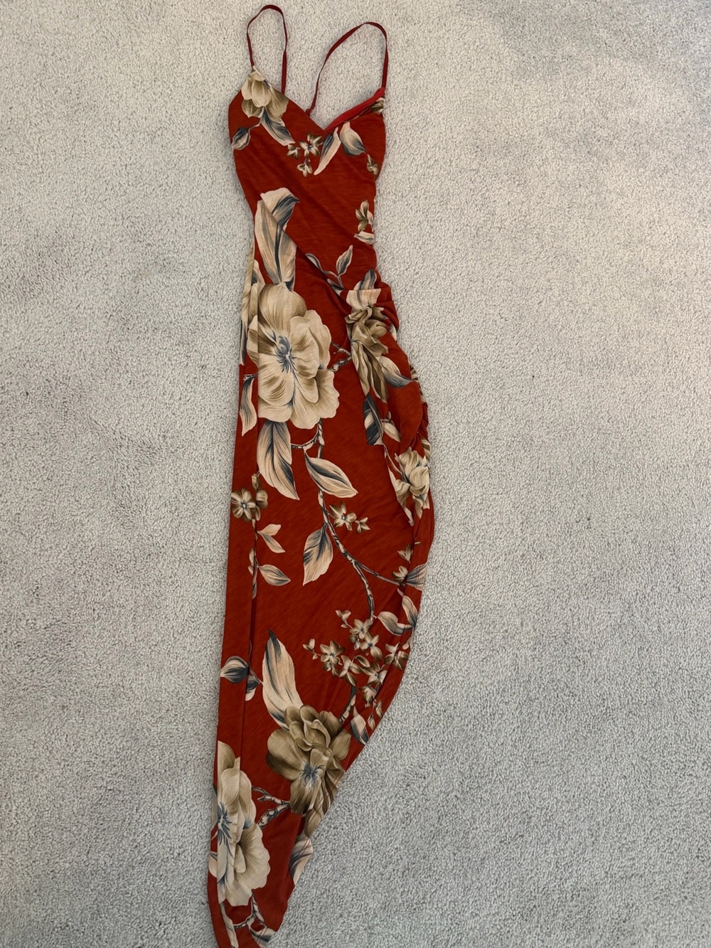 PrettyLittleThing Rust Red Floral Asymmetrical Slip Dress